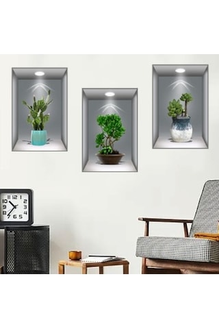 3d Çiçek Vazo Duvar Sticker 3 Lü Set Gri Fon 5060 Çok Renkli