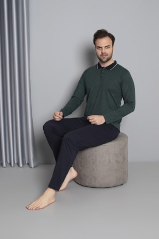 Erkek Düğmeli Desenli Uzun Kollu Pijama Takımı 16585 Yeşil Yeşil