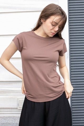Kadın İpeksi Kumaş Geniş Sıfır Yaka Kısa Kol Tshirt Bluz-kahve Kahve