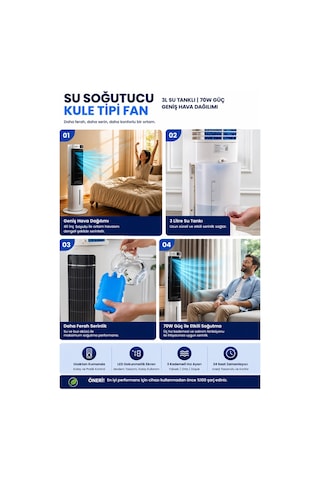 Exenar - Beyaz - Kule Tipi Soğutucu Fan Uzaktan Kumandalı Su Buharlı Soğutucu Vantilatör 70w-3l Su Tankı-led Ekranlı