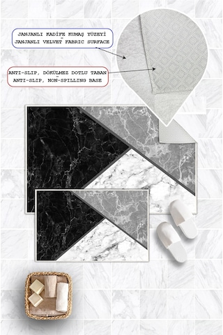Modern Geometrik Desenli Dijital Baskılı Yıkanabilir 2li Banyo Paspası Gri
