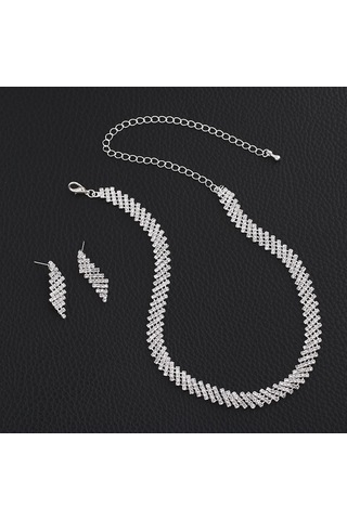 Chavin Düğün Nişan Kına Zirkon Taşlı Bayan Kolye Küpe Set es06 Beyaz
