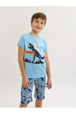 Vitmo Erkek Çocuk Kısa Kollu Kapri %100 Pamuklu Pijama Takımı Trainer Mavi