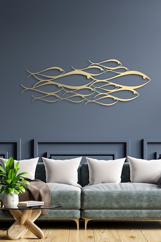 School Of Fish Metal Duvar Dekorasyonu - Gold - 150 X 53 Cm