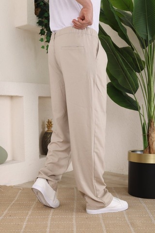 Erkek Beli Lastikli Pileli Baggy Pantolon Bej