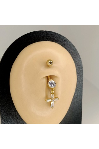 Aya Tasarım Gold Renk Taşlı Haç Figürlü Göbek Piercing