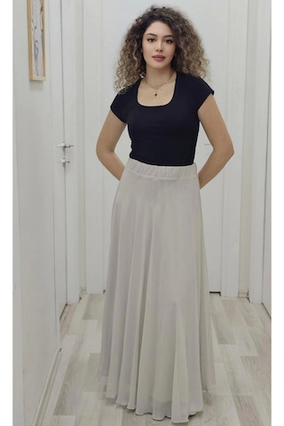 Bel Lastikli Kloş Şifon Etek 6003-taş Taş