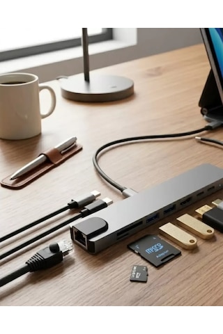 Type C Çoklu Port Hub 8 Port Usb Hdmı Sd Kart Ethernet Adaptör