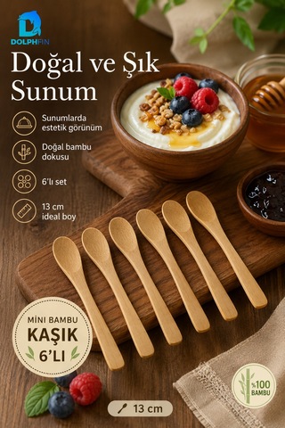 Mini Bambu Kaşık 6 Lı Set 15 Cm Doğal Bambu Tatlı Reçel Bal Baharat Sunum Kaşığı Bej