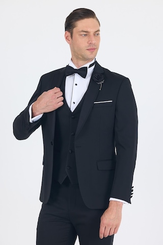 İmza Siyah Mono Yaka Tek Düğme Slim Fit Yelekli Ceremony Takım Elbise 1001250201 Siyah