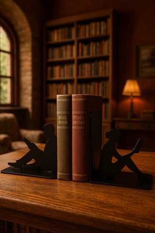 Dekoratif Metal Kitap Tutucu Okuyan Kadın Ve Erkek Figürlü 2'li Set Masa Üstü Kitaplık Düzenleyici