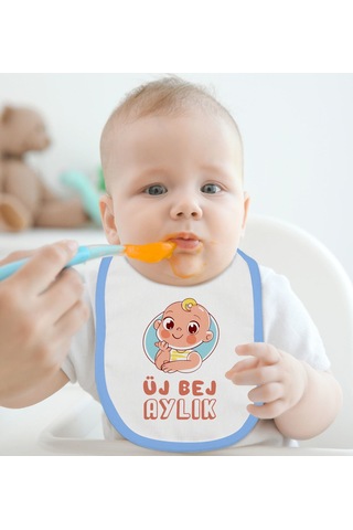 BK Kids Üj Bej Aylık Tasarımlı Mavi Bebek Mama Önlüğü-1