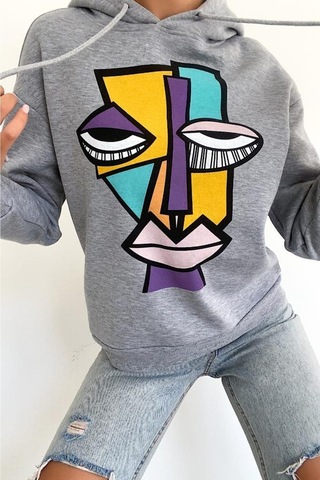 Femelle Kadın Yeni Sezon Karakter Baskılı Kapüşonlu Pamuklu Sweatshirt Gri