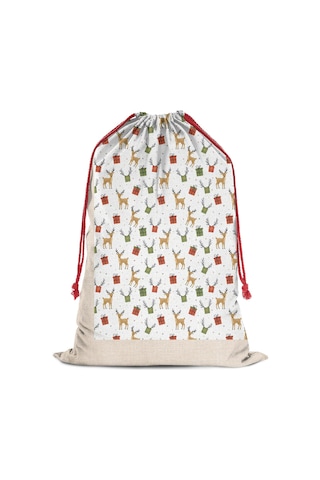 Büyük Noel Baba Hediye Çantası, Pamuklu Kordonlu, Yeniden Kullanılabilir Noel Geyik Hediyesi