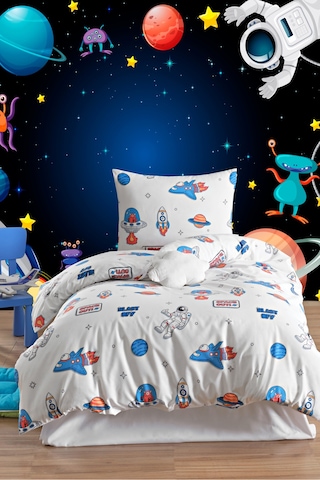 Eponj Home Tek Kişilik Pamuklu Nevresim Takımı 3 Parça Space Desen Beyaz / Yumuşak Dokulu Beyaz