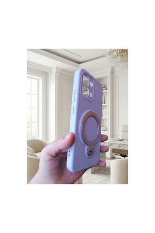 Oppo A6 Pro İle Uyumlu 360 Derece Dönebilen Kalın Metal Magsafe Halka Stantlı İçi Kadife Korumalı Ultra Lüx Premium Silikon Kılıf LİLA