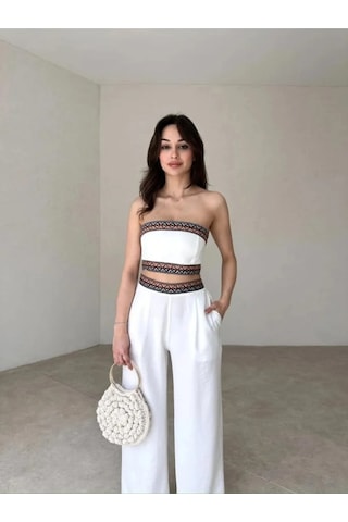 Aztek Motifli Şerit Korse Crop Cepli Lastikli Palazzo Pantolon Modern Etnik Yazlık Boho Keten Takım Beyaz