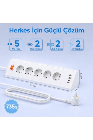 Akım Korumalı 5 Li Köşe Çoklu Priz 2 Usb-a 2 Usb-c Gece Lambalı Dokunmatik 2 Metre Kablo 3680w 1 - 3 M