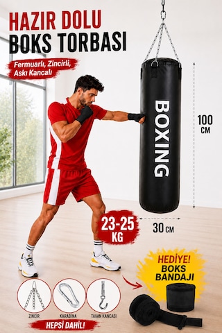 Boxing 100 Cm Yetişkin İdeal Boy Hazır Dolu Boks Torbası Ve Zinciri - Hediye Boks Bandajı Siyah