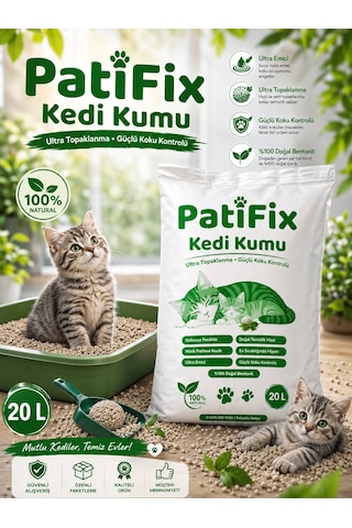 Patifix 20 Lt %99 Tozsuz Ince Taneli Süper Topaklanan Beyaz Bentonit Kedi Kumu Kokusuz Organik Kedi Kumu