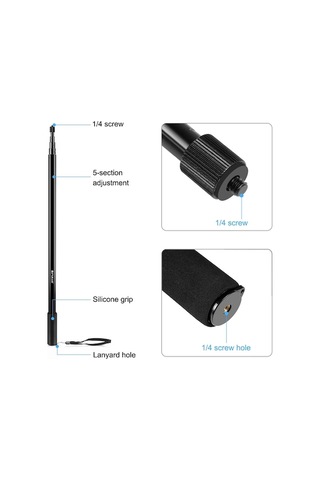 Tongxida Puluz 3m Metal Selfie Çubuğu Insta360 One Rs / X2 / X3 / X4 Siyah