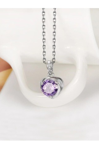 Brezza Lusso Jewelry Ametist Taşı Kalp Kadın Gümüş Kolye Küpe Seti 45 CM