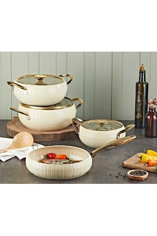 Oms 7 Parça Biogranit Seramik Tencere Seti Krem-gold 12001