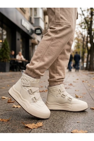Voyager Kadın Cırt Cırtlı Kalı, Taban İçi Kürklü Kaymaz Taban Sneaker Bot Krem
