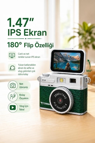 Mini Dijital Kamera 2k Flip Ekranlı Selfie Video Vlog Kamerası Cmr49 Koyu Yeşil Haki