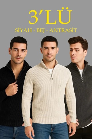 Butik İstanbul Erkek Fitilli Triko Kazak 3'lü Set Kalın Dokuma Pamuklu Regular Fit V Yaka Fermuarlı Uzun Kollu Rahat Kışlık Kazak Kombini Antrasit - Siyah - Bej