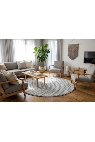 Dream Soft Yuvarlak Gri Desenli Yumuşak Yüzeyli Kaymaz Makinede Yıkanabilir Halı Renkli