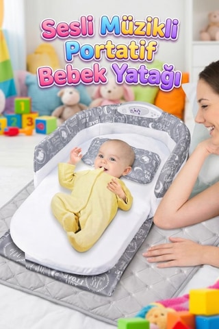 Müzikli Pilli Konforlu Katlanabilir Anne Kalp Sesli Yıkanabilir Kumaşlı Portatif Bebek Yatağı 1