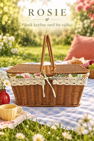 Rosıe Çiçek Desen Kumaşlı Dikdörtgen Piknik Sepeti 38 Cm Karışık