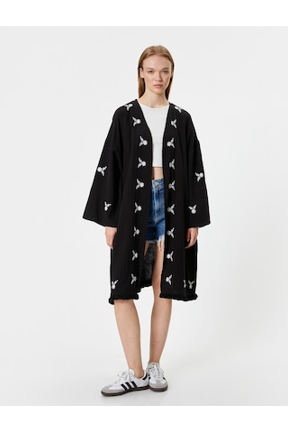 Koton Midi Kimono Nakışlı Oversize Asimetrik Kesim Siyah 4sal50006ıw Siyah