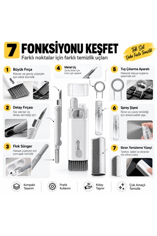 7'si 1 Arada Elektronik Temizleme Seti Bilgisayar, Laptop, Klavye, Telefon, Kulaklık Airpod Vb. İçin