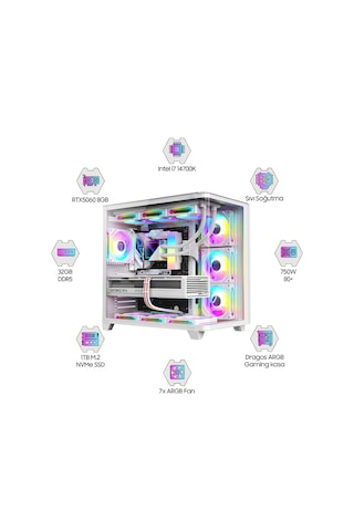 Dragos DRX7491 i7-14700K 32 GB 1 TB NVMe SSD RTX5060 Free Dos Oem Paket Masaüstü Oyuncu Bilgisayarı