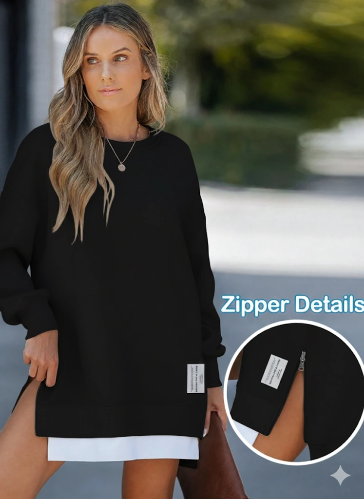 Kadın Oversize Sweatshirt Yan Fermuar Detaylı Uzun Kollu Siyah Tunik Siyah