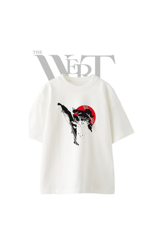 Taekwondo Kick Tasarım Baskılı Ünisex Beyaz Oversize T-shirt