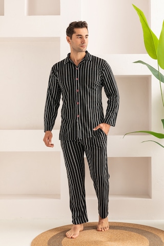 Erkek Jakarlı Düğmeli Pamuk Pijama Takımı- Çizgili Erkek Pijama Lacivert