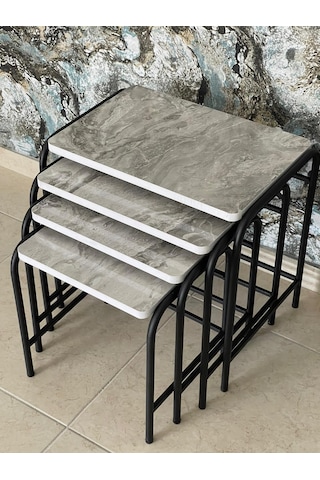Aslanstore 4'Lü Metal Zigon Sehpa Gri Mermer