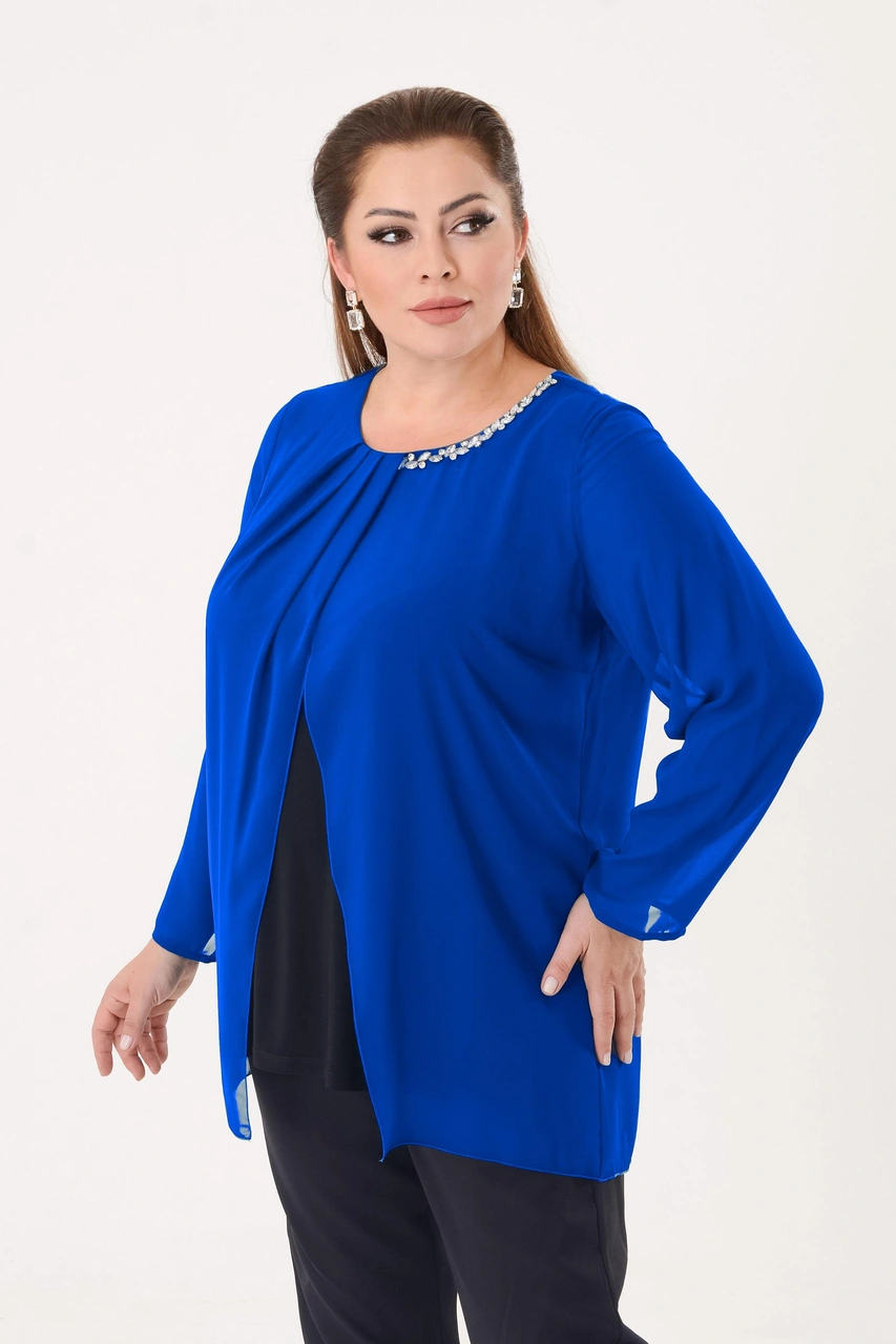 Lilas Xxl Büyük Beden Saks Renkli Şifon Bluz Saks Rengi