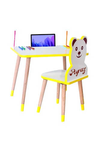 Çocuk Ders Çalışma Masa Sandalye Takımı 2-6 Yaş Sarı Ayıcıklı