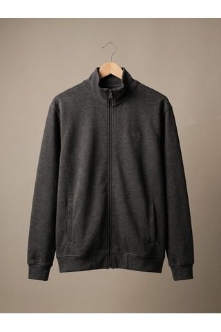 Maccali Erkek Gri Büyük Beden Pamuklu Fermuarlı Sweatshirt
