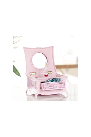 Symbee Pembe Klasyik Balerin Figürlü Döner Müzik Kutusu - Çekmeceli Makyaj Aynalı Dekoratif Ev Eşyası