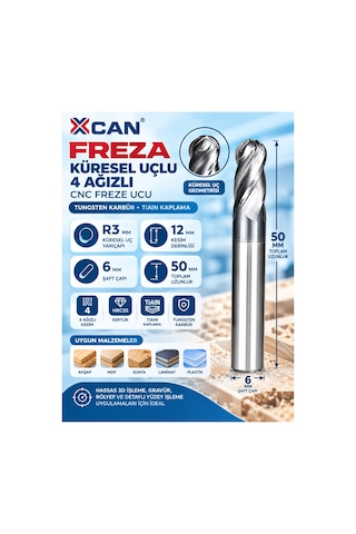 R3 Küresel Uçlu Cnc Freze Ucu 6 Mm Şaft 12 Mm Kesme Boyu 50 Mm R3 Küresel Uçlu Cnc Freze Ucu 6 Mm Şaft 12 Mm Kesme Boyu 50 Mm