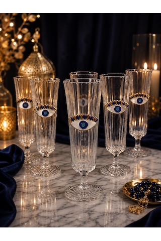 6 Lı Kristal Cam Nazar Göz Kahve Yanı Bardağı Su Bardak 150ml Şeffaf