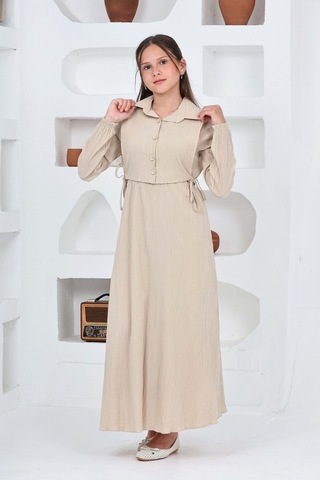 Kız Çocuk Uzun Boy Gofre Kumaş Jile & Elbise İki Parça Takım Astarlı Zarif Set-4948 Bej