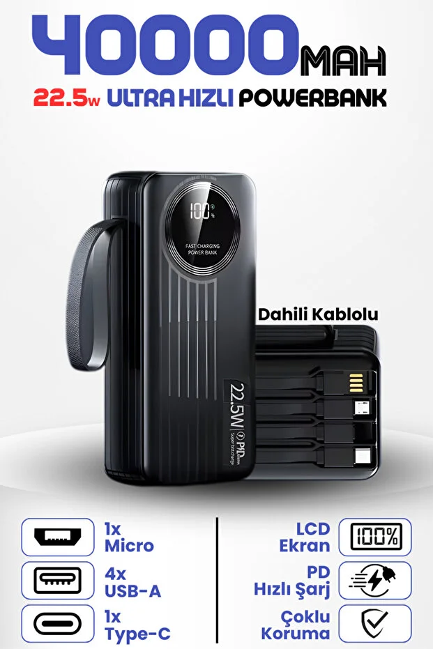 40.000mah Forefo 22.5w Hızlı Şarj Destekli Dahili Kablolu Taşınabilir Batarya Powerbank Siyah