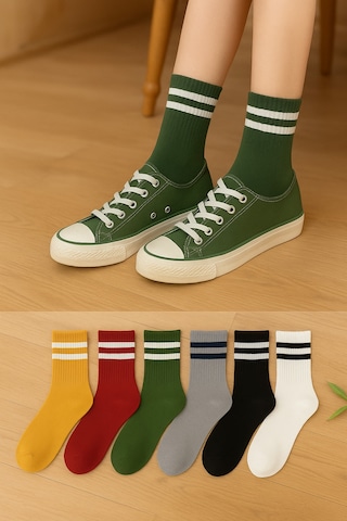 Worthy Socks 6'lı Kadın Çizgili Renkli Kolej Spor Çorap Seti Tenis Stili 6 Çift Çok Renkli