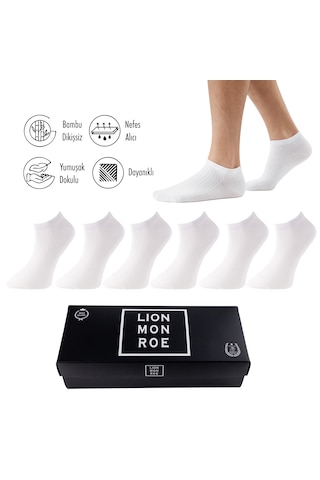 Lion Monroe Saf Bambu Erkek Patik Düz Kısa Beyaz Çorap Dikişsiz Premium Kutulu 6'lı L5952aznp Softaura